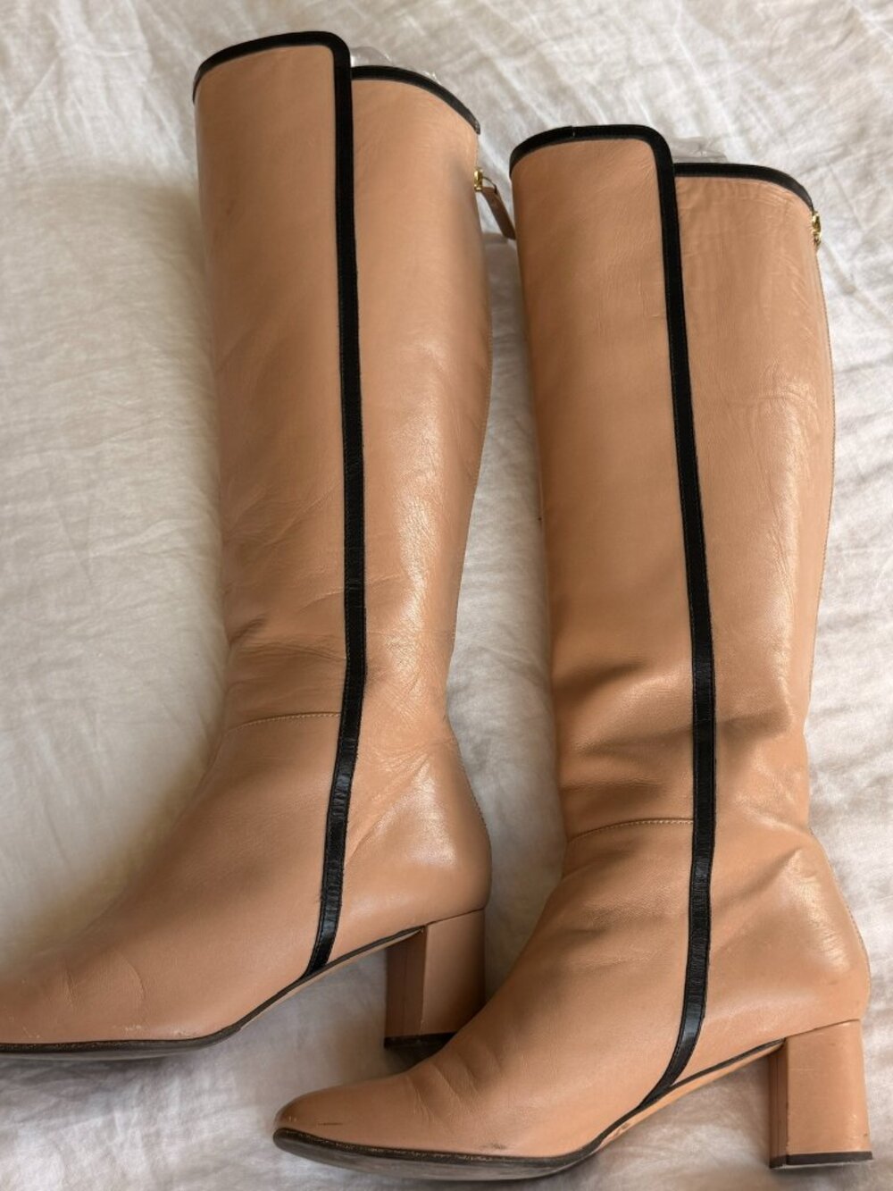 Kate Spade New York Knee-high Leather Boots Nude Black Trim Block Heel Italy 7 B